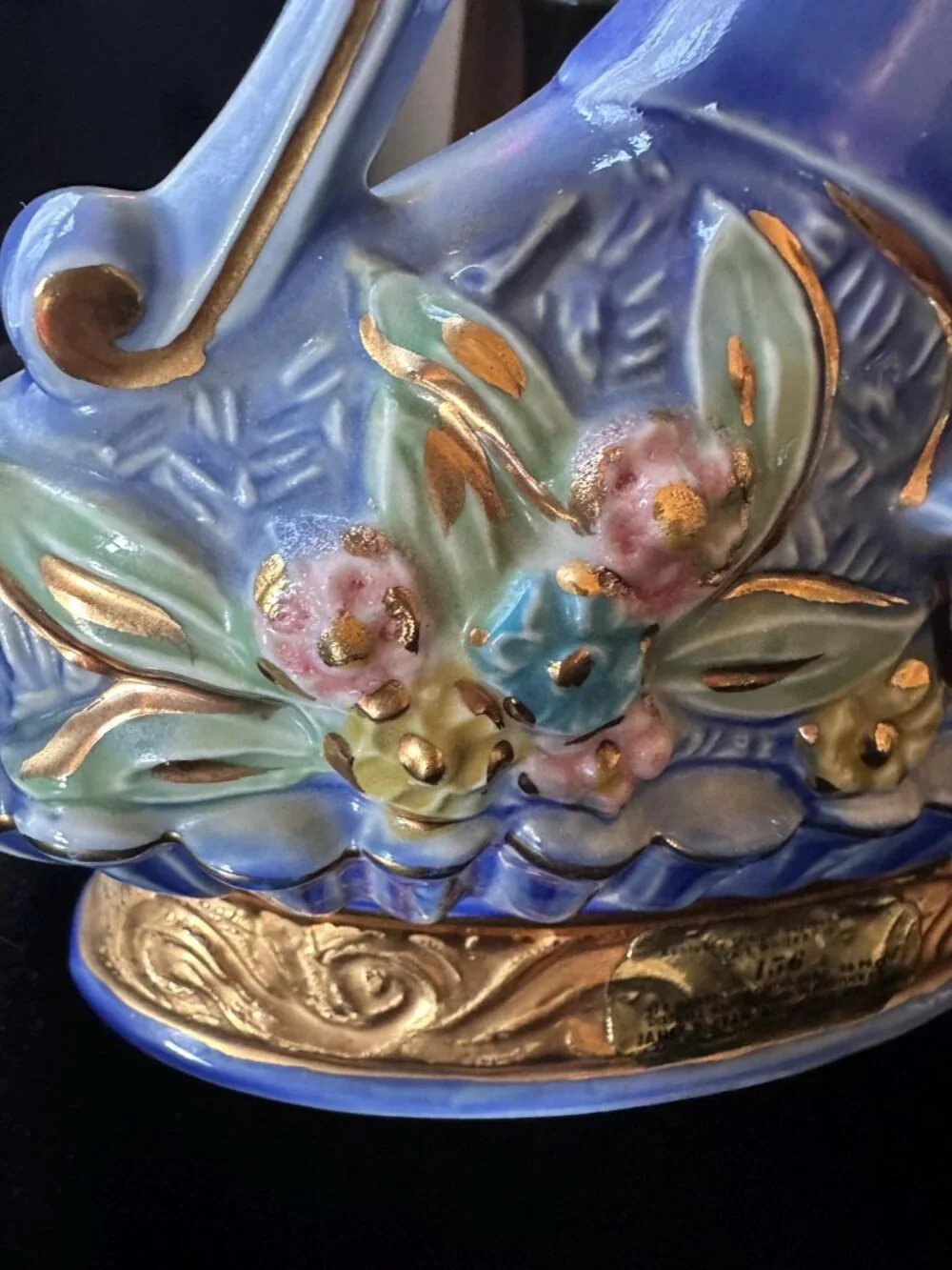 Vintage Empty Blue Gold Floral Ceramic Bottle Vanity Display Vase